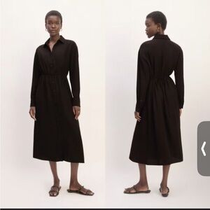 Everlane black midi shirt dress long sleeve Jacquard stripe tie waist XXS new